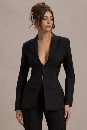 Unbeaten Black Plunge Corset Waist Blazer